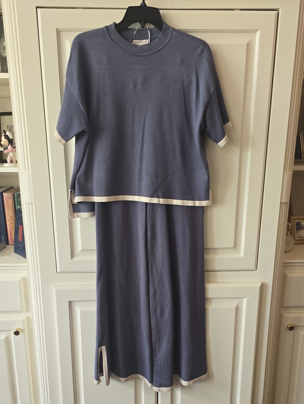 Sincerely Jyles Dusty Blue Knit Pants Set with Cream Trim